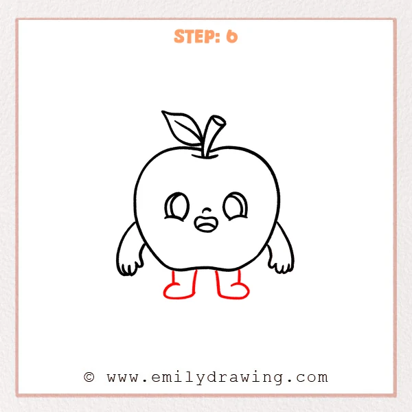 how to draw a cartoon apple - Cartoon apple character with leaf, stem, face, and arms, now standing on two short legs with simple rounded shoes.